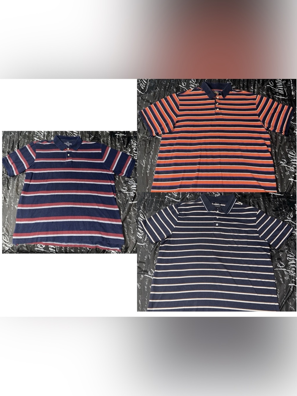3 Men’s Navy Blue Striped Polo Shirts XL 2XLT Foundry Saddlebred Faded Glory